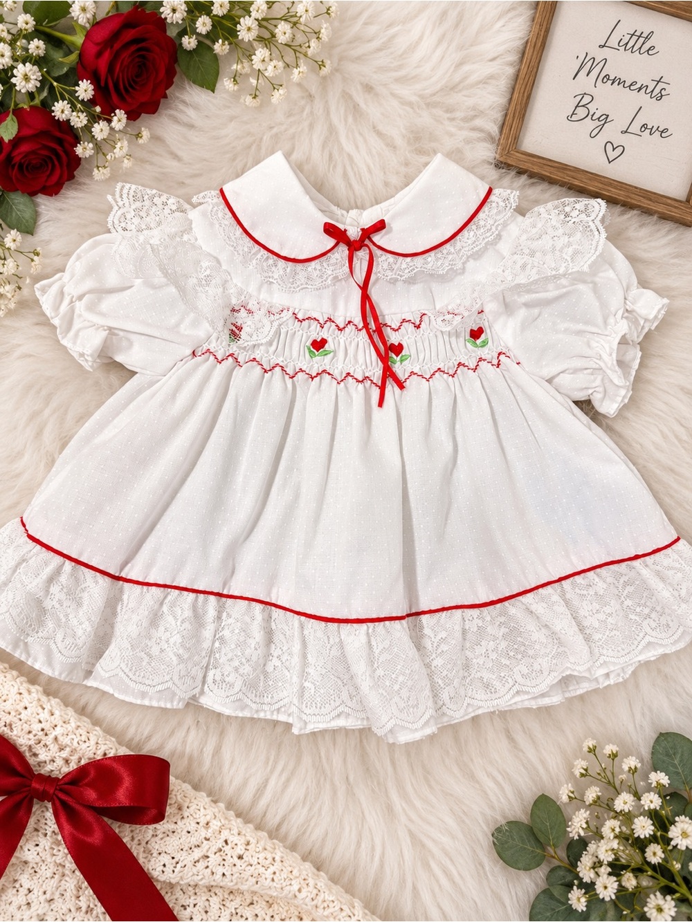 Mayfair Vintage Baby Girl White Smocked Lace Dress Red Flowers